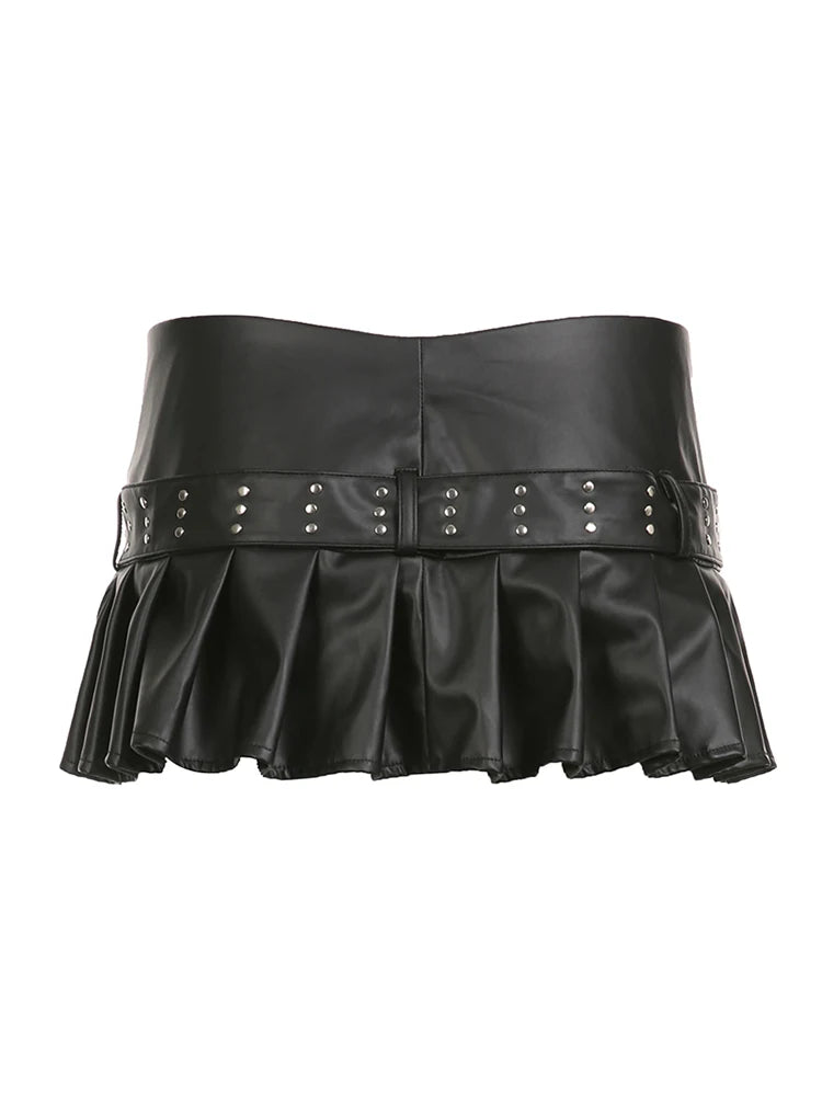 Sexy Punk Gothic Zipper Split Black PU Leather Pleated Skirt With Rivet Belt
