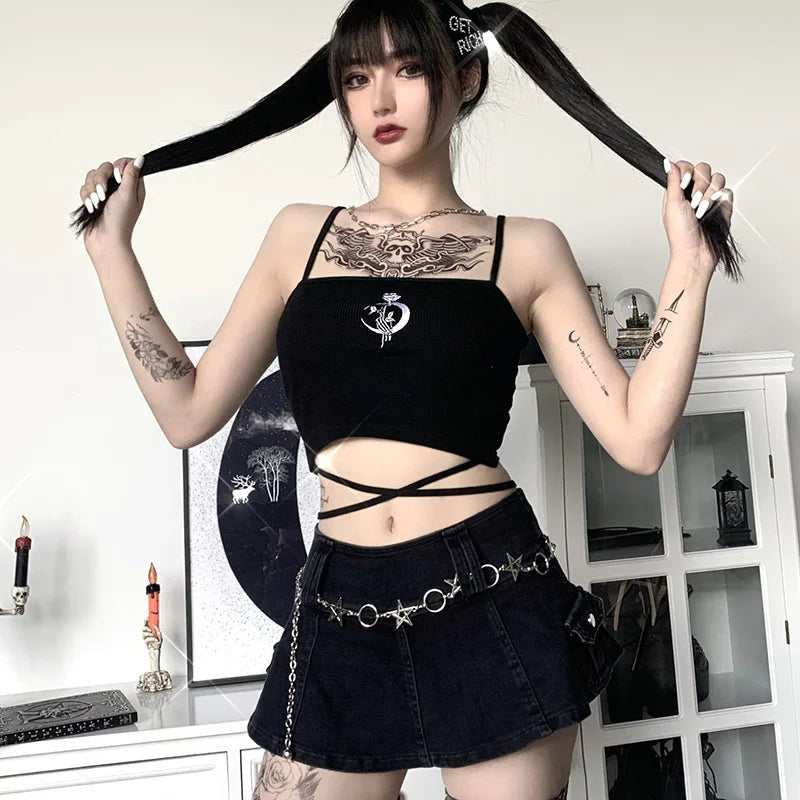 Gothic Black Moon Strappy Summer Crop Top