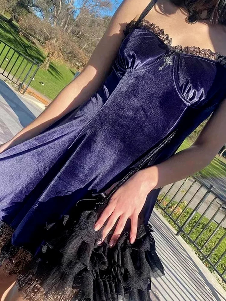 Velvet Gothic Sexy Purple Lace Mini Dress