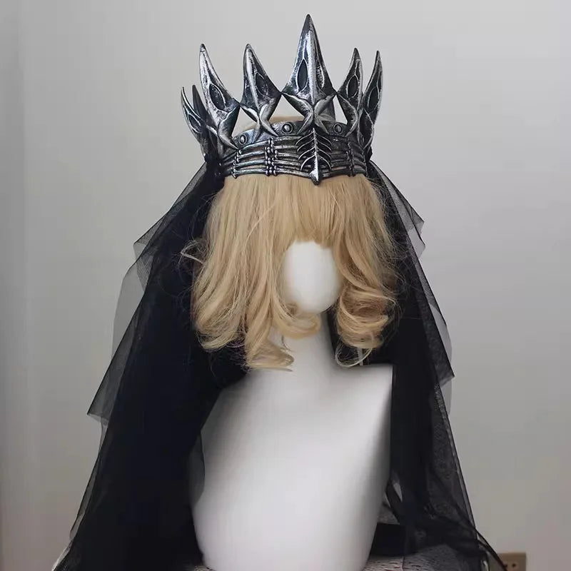 Gothic Queen Dark Crown Black Lace Veil Headdress Women Anime Accessories Cosplay Props Lolita Hair Accessories
