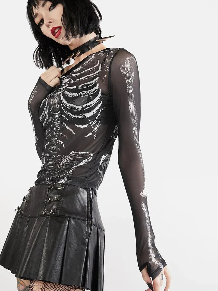 Gothic Punk Skeleton Print Sheer Long Sleeve Top