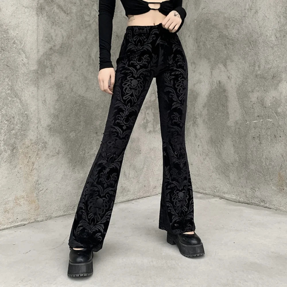 Gothic Floral Print Black Velvet Long Pants Bellbottom Bootcut Flares Trousers