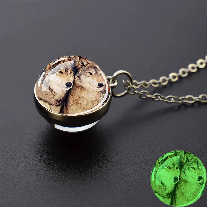 Glow in the Dark Wolf Necklaces Howling Wolf Head and Moon 2CM Glass Ball Pendant Double Sided