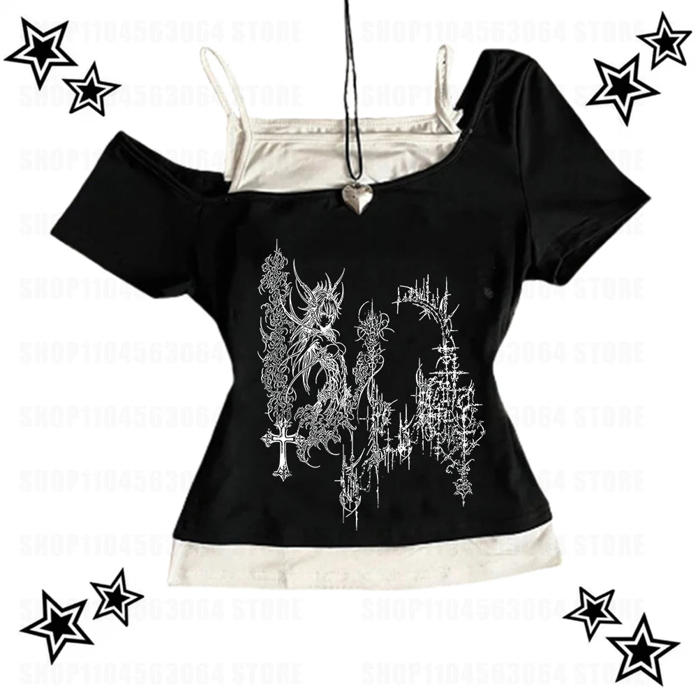 Black White 2000s Y2k TShirt 2 in 1 Vest Top