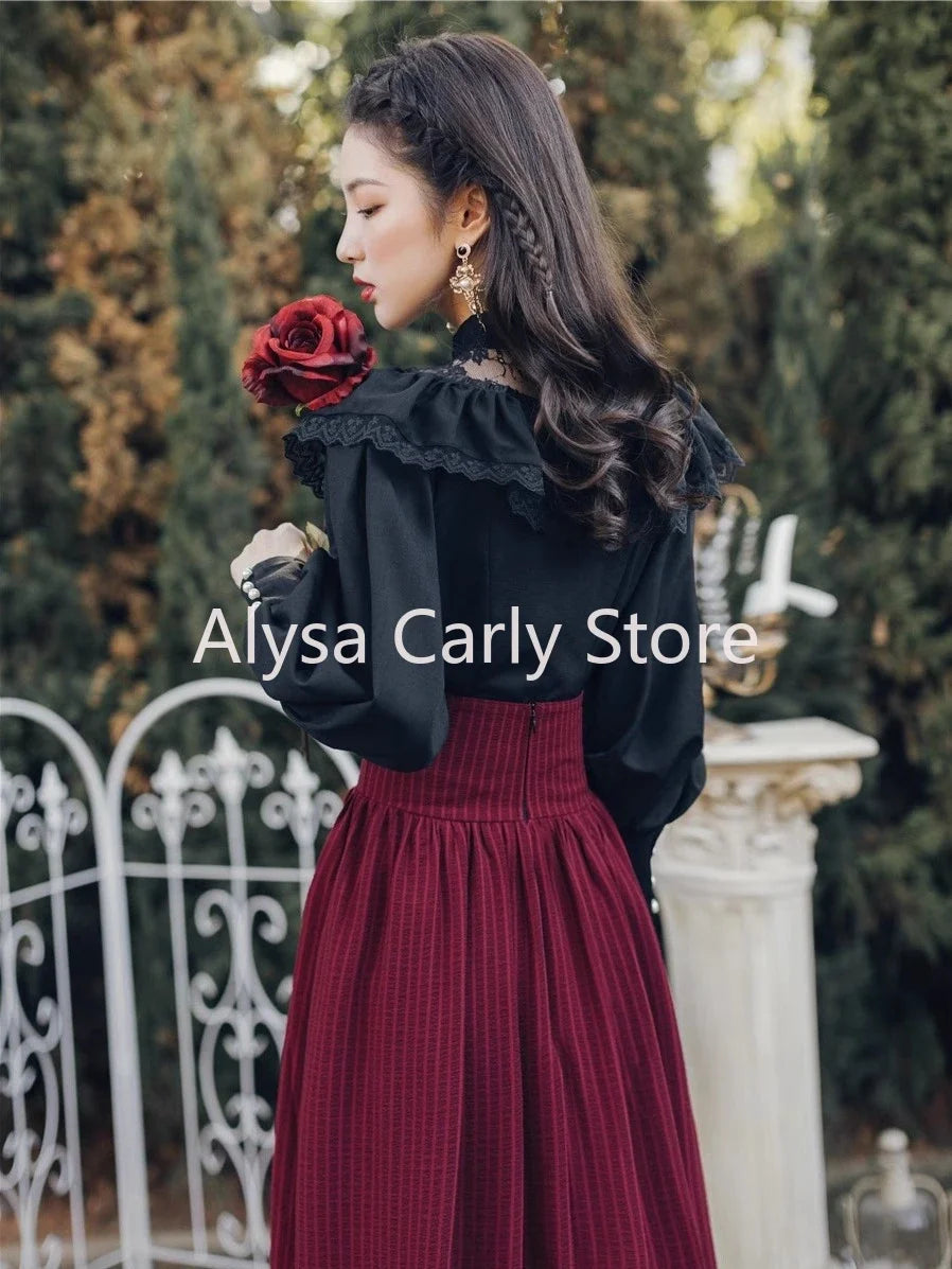 Vintage Gothic Black Lace Ruffle Blouse, Lace-up Long Skirt Outfit