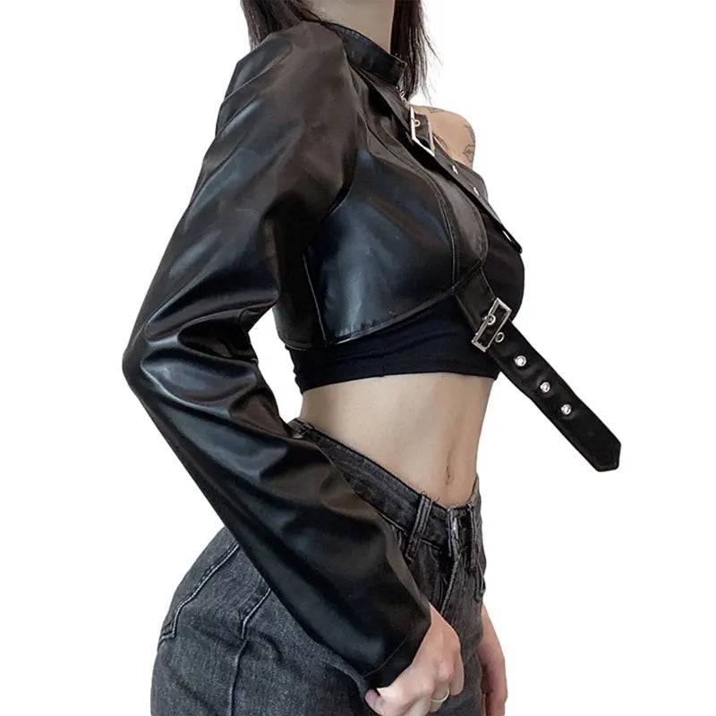 Faux Leather Goth Punk Belt Buckle One Shoulder Jacket Strap Top