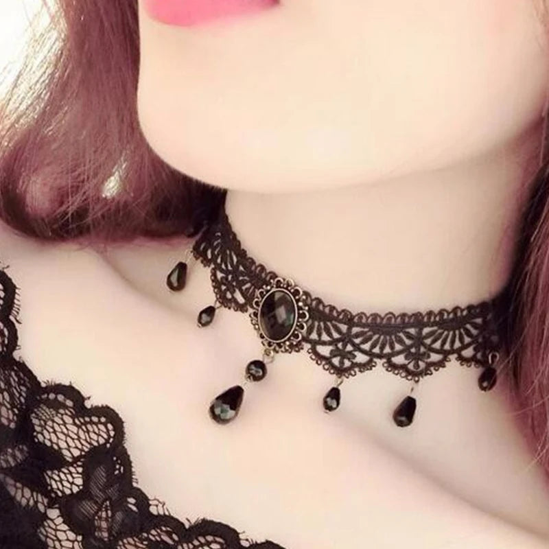 Gothic Chokers Crystal Black Lace Collar Necklace Vintage Victorian