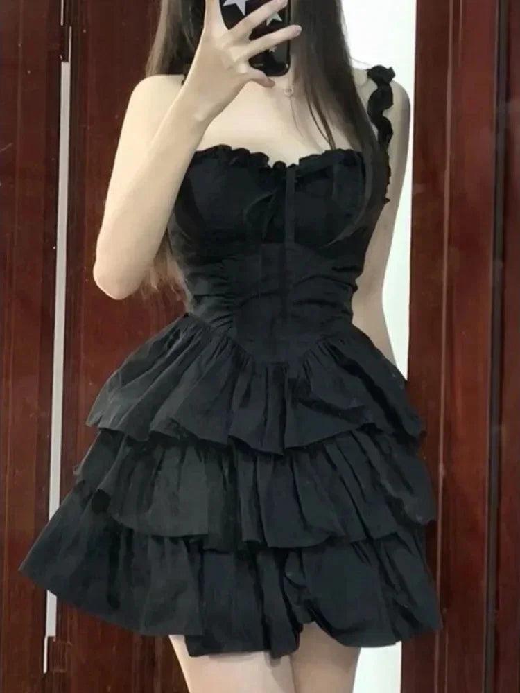 Gothic Black Cute Ruffles Short Party Dress