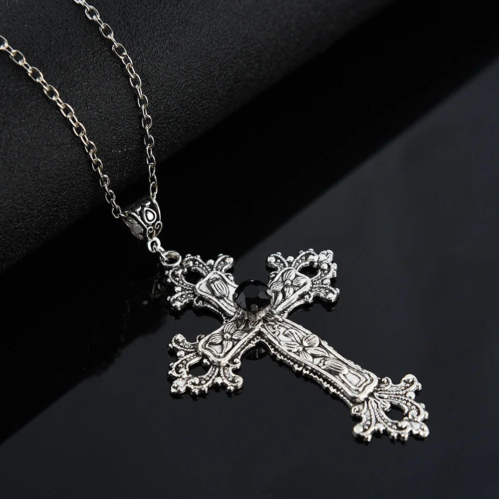 Gothic Victorian Punk Crystal Cross Pendant Necklace Gothic Chain