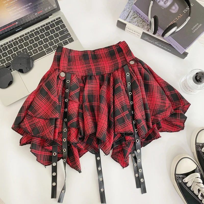 Punk Emo Black White Red Tartan Plaid Handkerchief Skirt