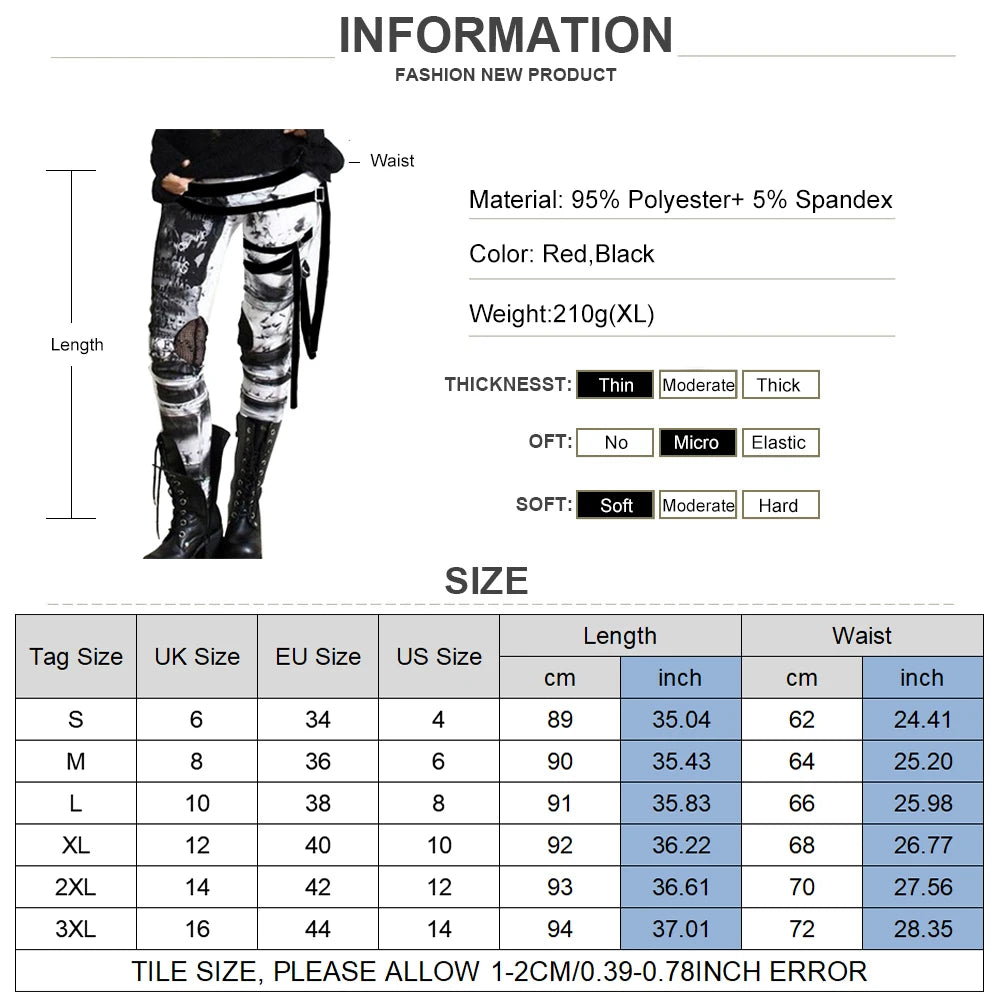 White Black Women's Gothic Steampunk Printed Mesh Spliced Leggings Jeggings Grunge Trousers