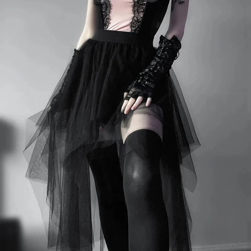 Gothic Long Black Net Tulle Tutu Ballerina Skirt Costume