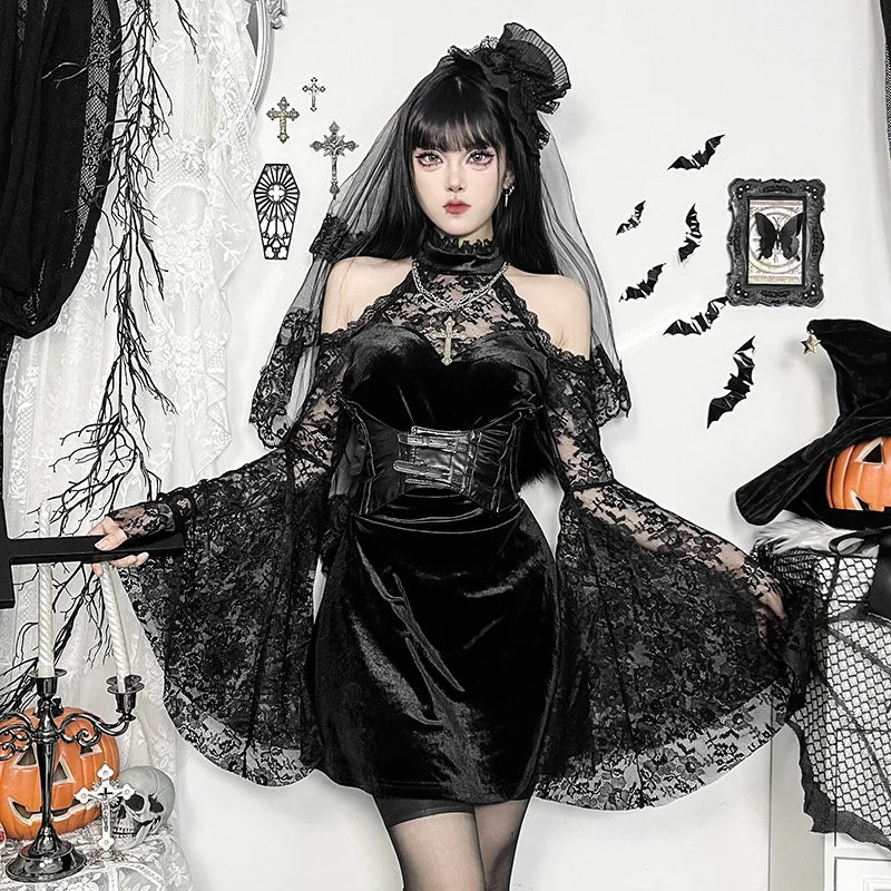 Sexy Black Gothic Velvet Lace Mini Dress