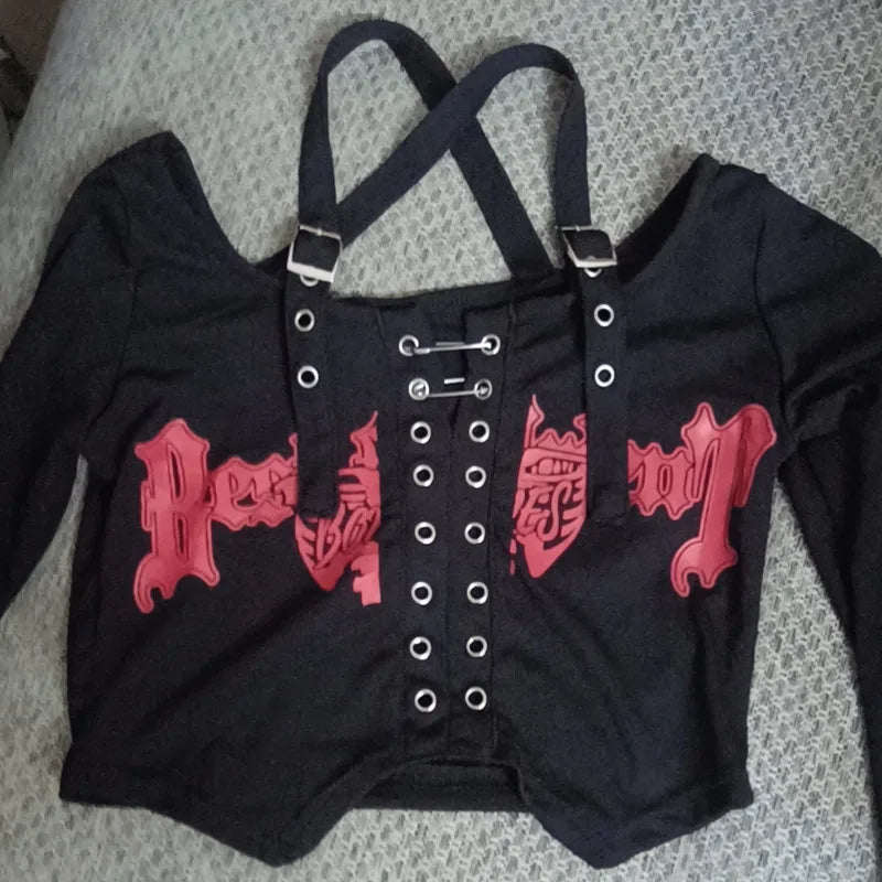 Gothic Punk Black Long Sleeve Crop Top Buckle Strap