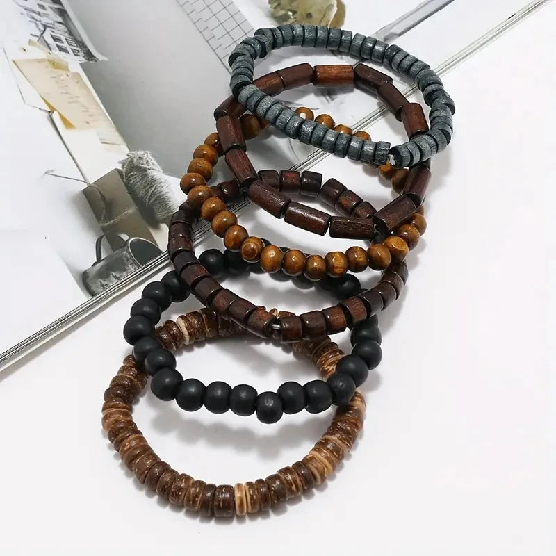 6pcs/set Fashion Men's Hand-beaded Bracelet Vintage Style Multi-layer Stretch Wood Bead Shell Charm Bracelet