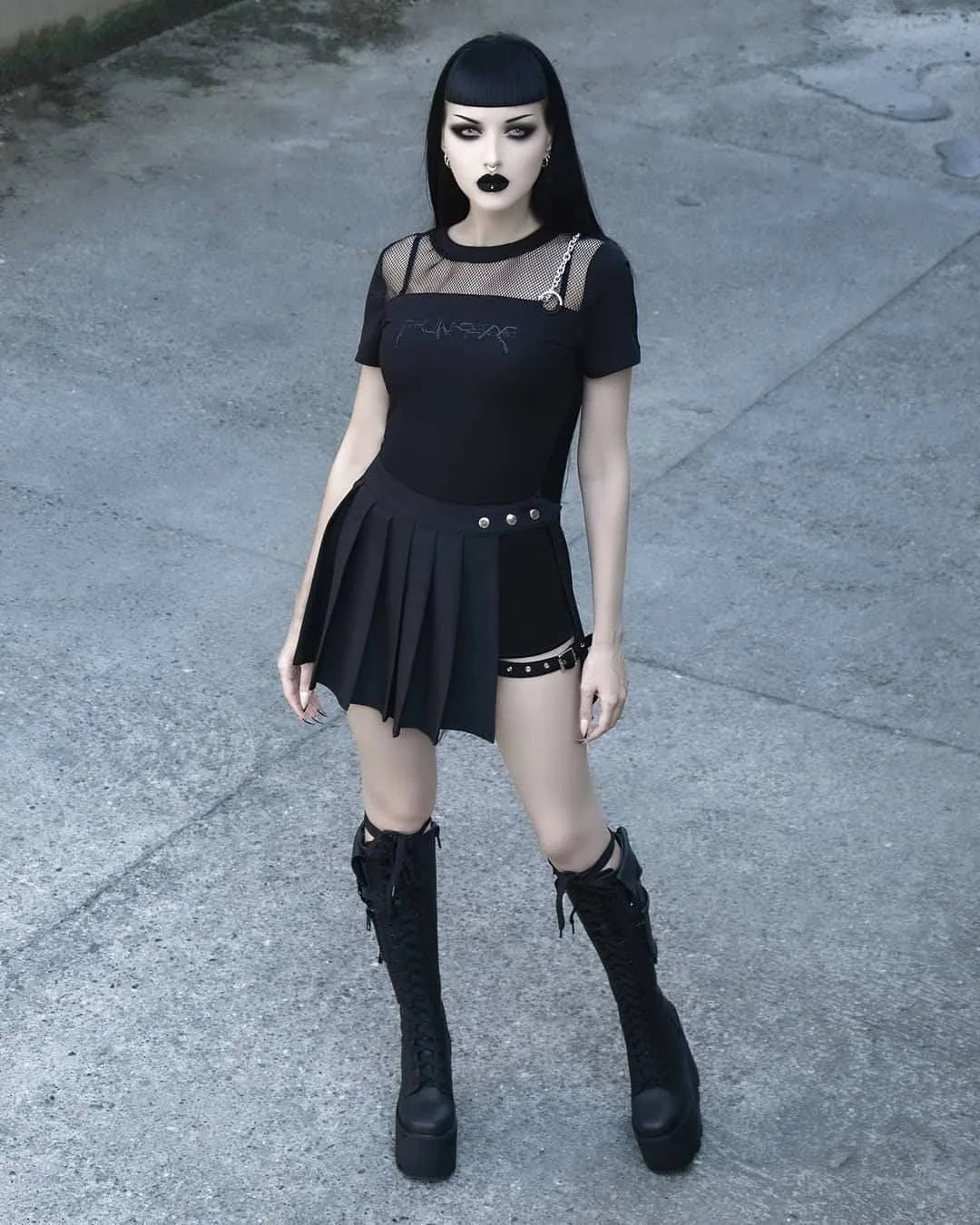 Gothic Punk Pleated Skirt Skort Leg Strap Mini Skirt
