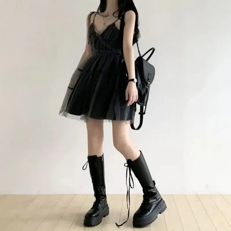 Cute Black Gothic Summer Party Net Dress