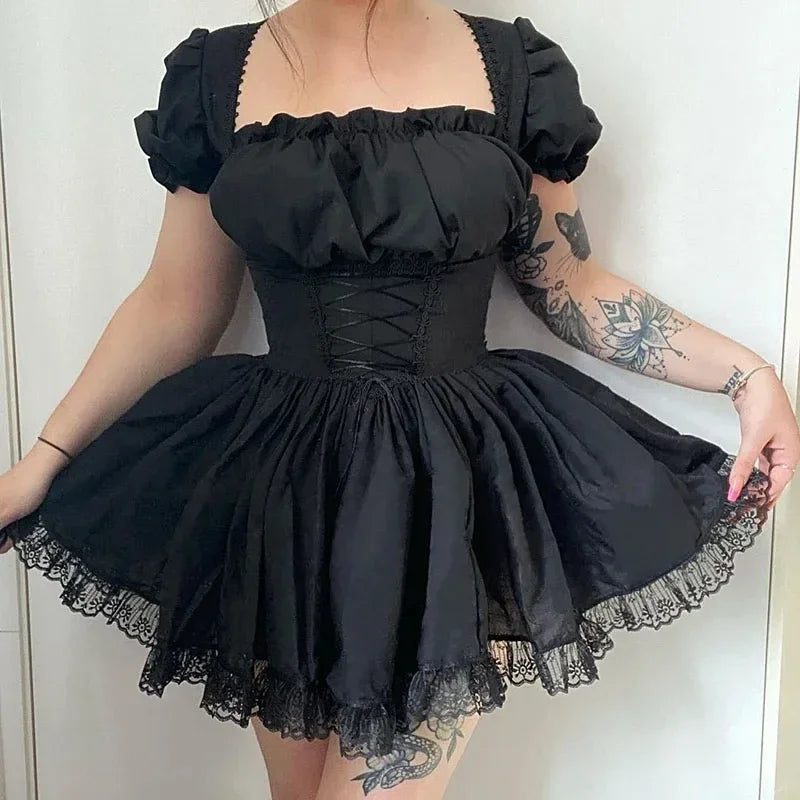 Gothic Black Princess Mini Dress Lace Up Corset Puff Sleeves