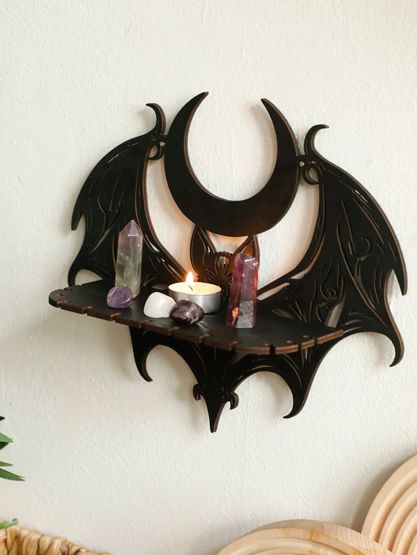 Black Halloween Wooden Wall Shelf Gothic Bat Moon