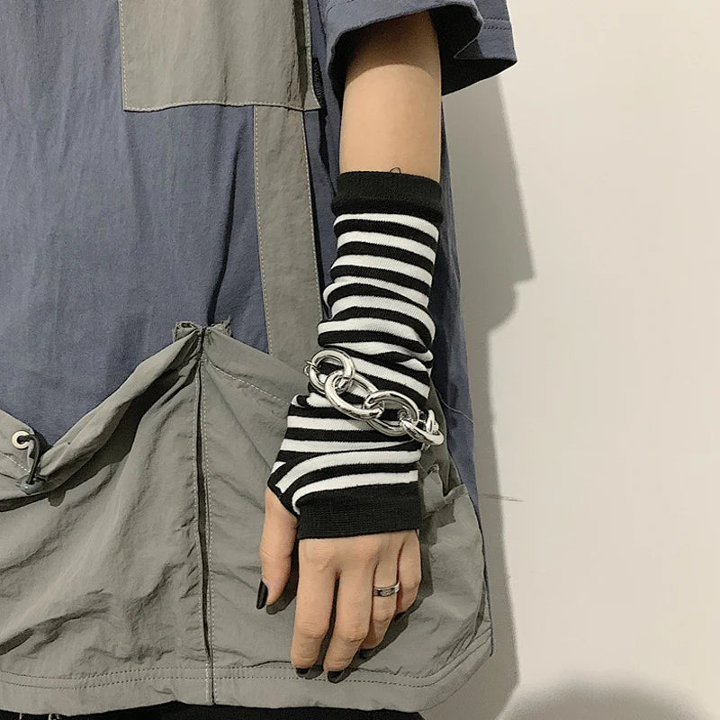 Black White Striped Arm Warmers Emo Punk Long Fingerless Gloves