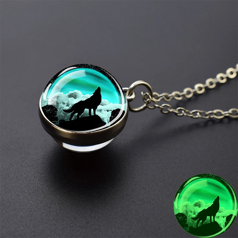 Glow in the Dark Wolf Necklaces Howling Wolf Head and Moon 2CM Glass Ball Pendant Double Sided