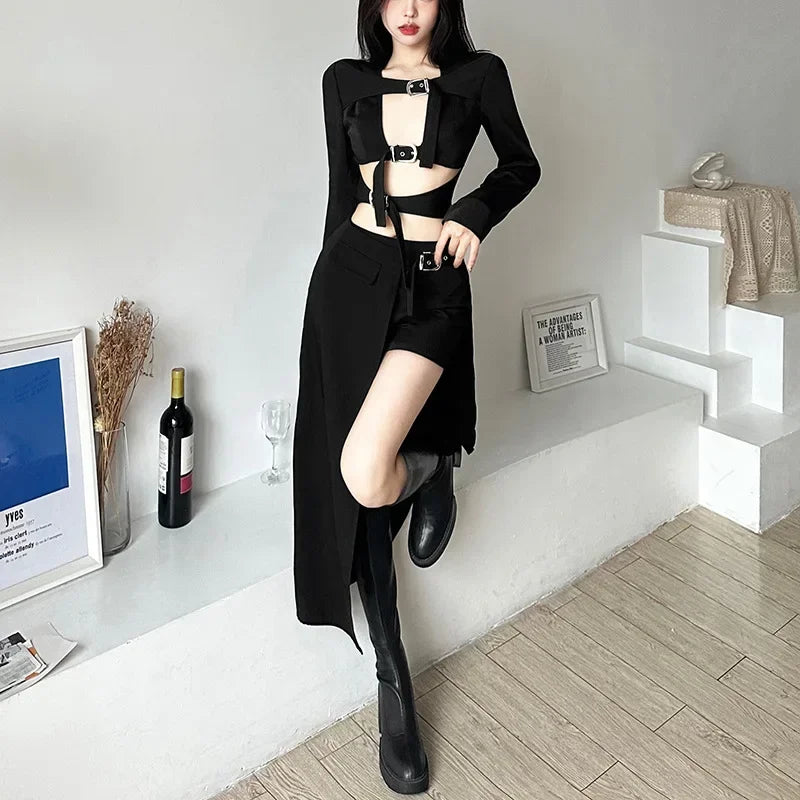 Sexy Gothic Black Long Punk Goth Slit Belt Skirt