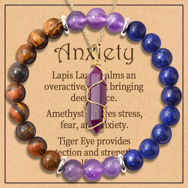 Anxiety Crystal Healing Amethyst Gold Wire Wound Pendant Beaded Bracelet Set