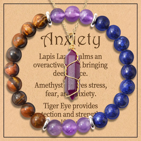 Anxiety Crystal Healing Amethyst Gold Wire Wound Pendant Beaded Bracelet Set