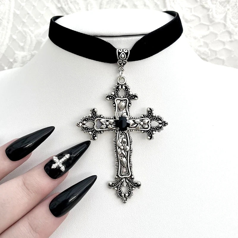 Vintage Gothic Large Cross Red Velvet Victorian Choker