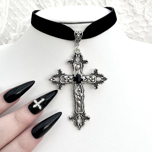 Vintage Gothic Large Cross Black Velvet Choker