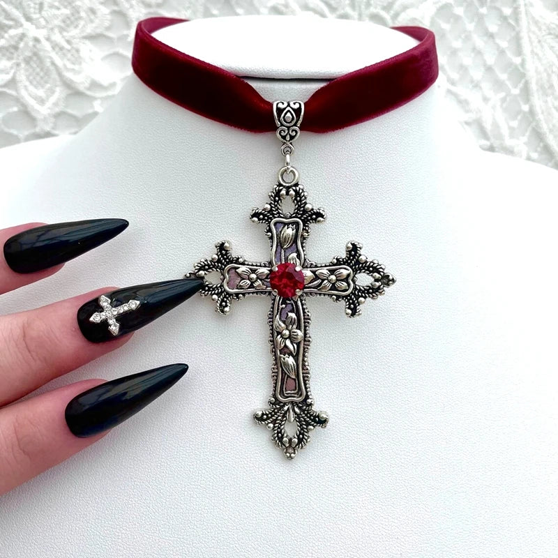 Vintage Gothic Large Cross Red Velvet Victorian Choker