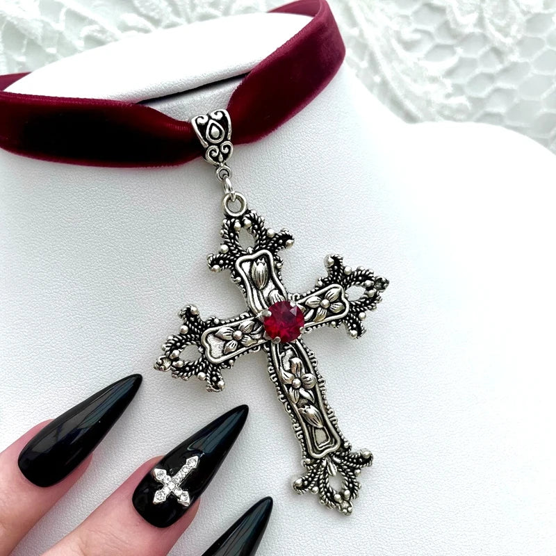 Vintage Gothic Large Cross Red Velvet Victorian Choker
