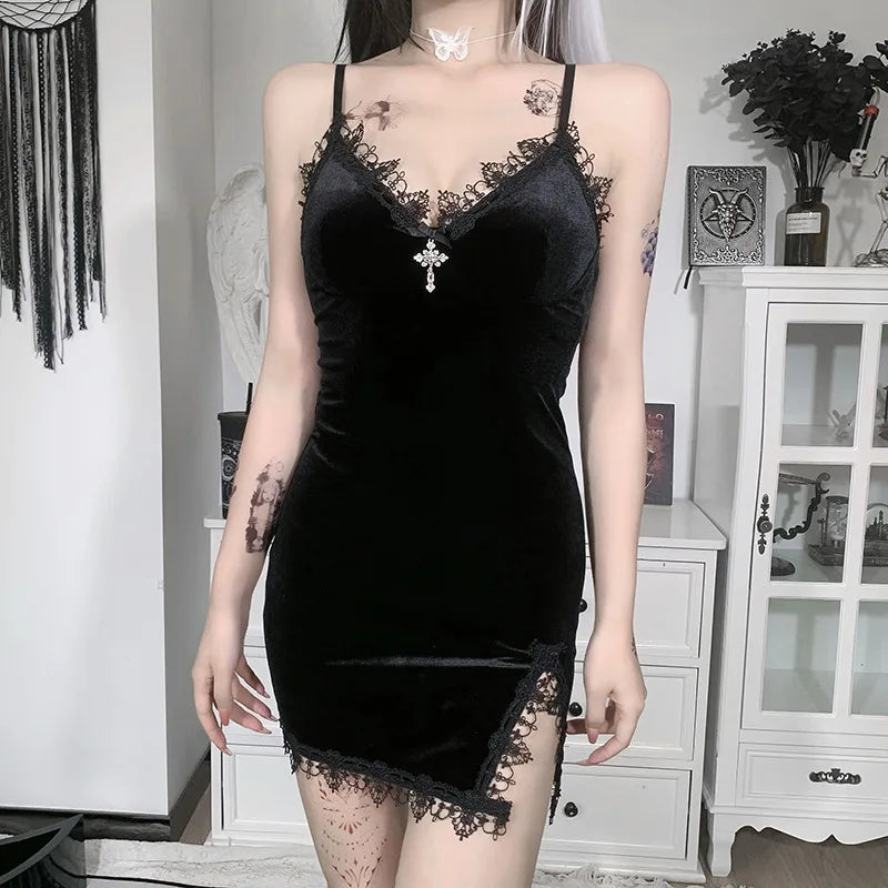 Sexy Black Velvet Gothic Cross Bodycon Mini Dress Clubwear Lingerie