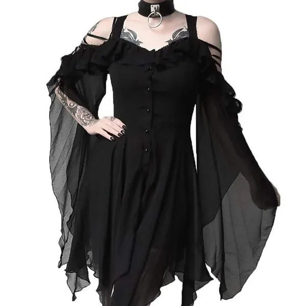 Gothic Medieval Black Flared Sleeve Dress Wiccan Witch Costume