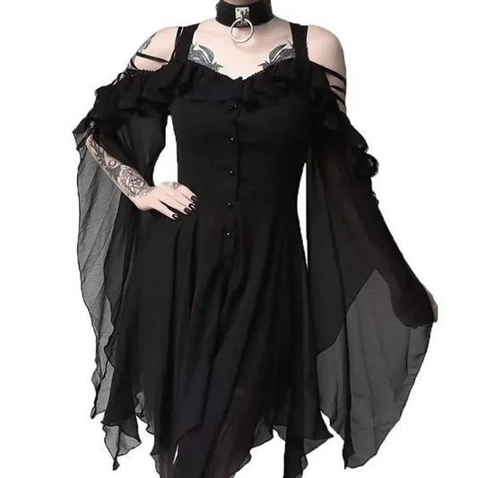 Gothic Medieval Black Flared Sleeve Dress Wiccan Witch Costume