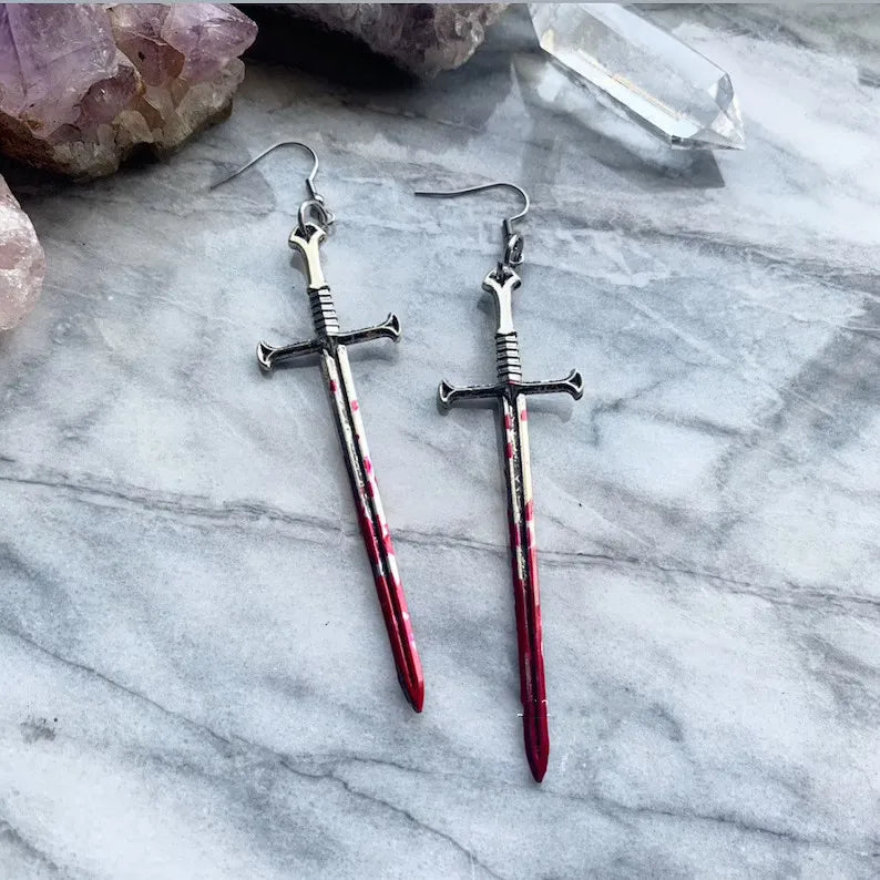 Gothic Blood Sword Earrings Statement Mystical Classical Halloween Vampire Jewellery