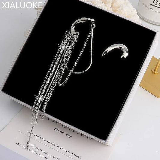 Silver Metal Punk Long Tassel Rhinestone Drop Chain Dangle Earrings Jewelry