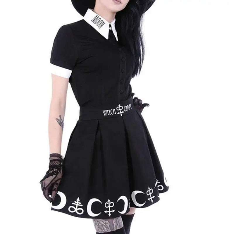 Punk Rock Gothic Black Witch Moon Print Skater Skirt