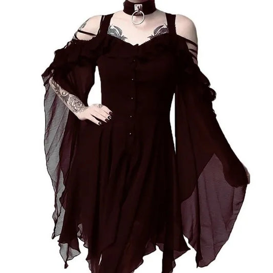 Gothic Medieval Red Flared Sleeve Dress Wiccan Witch Costume