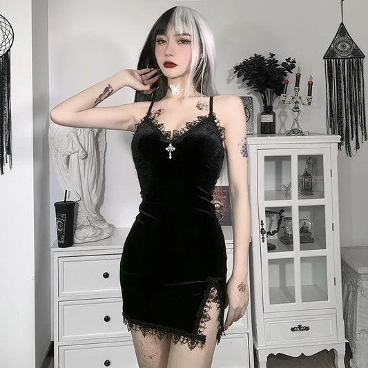 Sexy Black Velvet Gothic Cross Bodycon Mini Dress Clubwear Lingerie