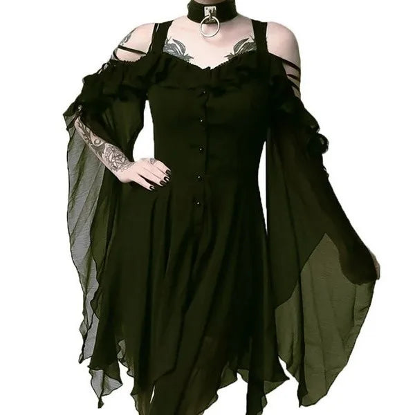 Gothic Medieval Red Flared Sleeve Dress Wiccan Witch Costume