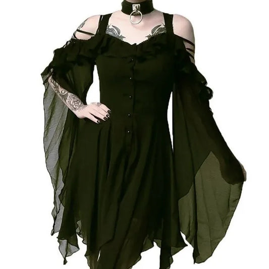Gothic Medieval Green Flared Sleeve Dress