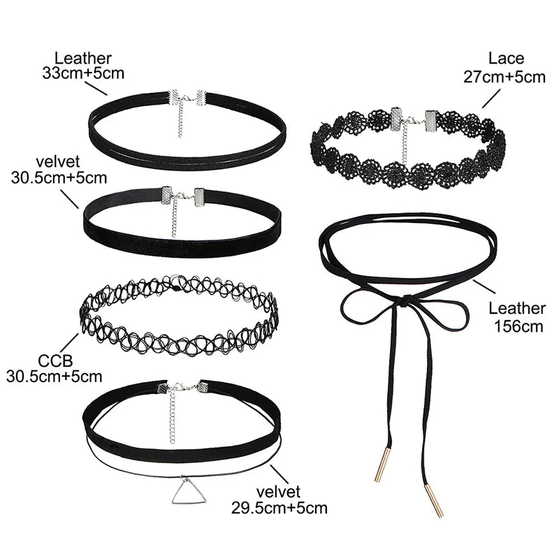 6Pcs/set Gothic Tattoo Black Lace Leather Velvet Collar 90S Punk Style Choker Necklaces