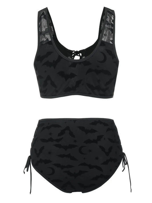 Gothic Black Mesh Bat Print Vintage Style Padded Bikini Swimwear Beachwear