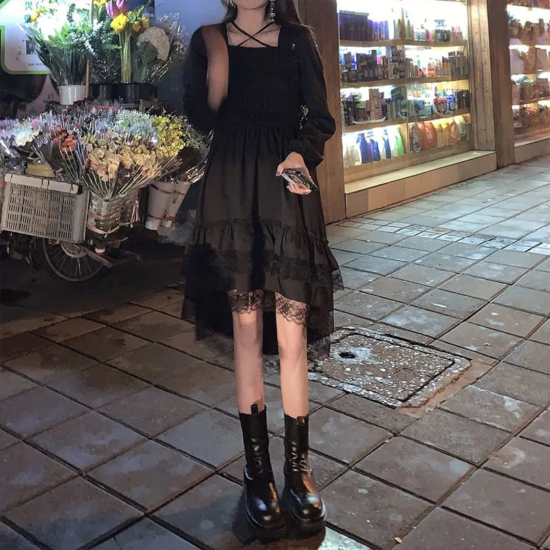 Cute Gothic Black Fairy Lace Ruffles Dress
