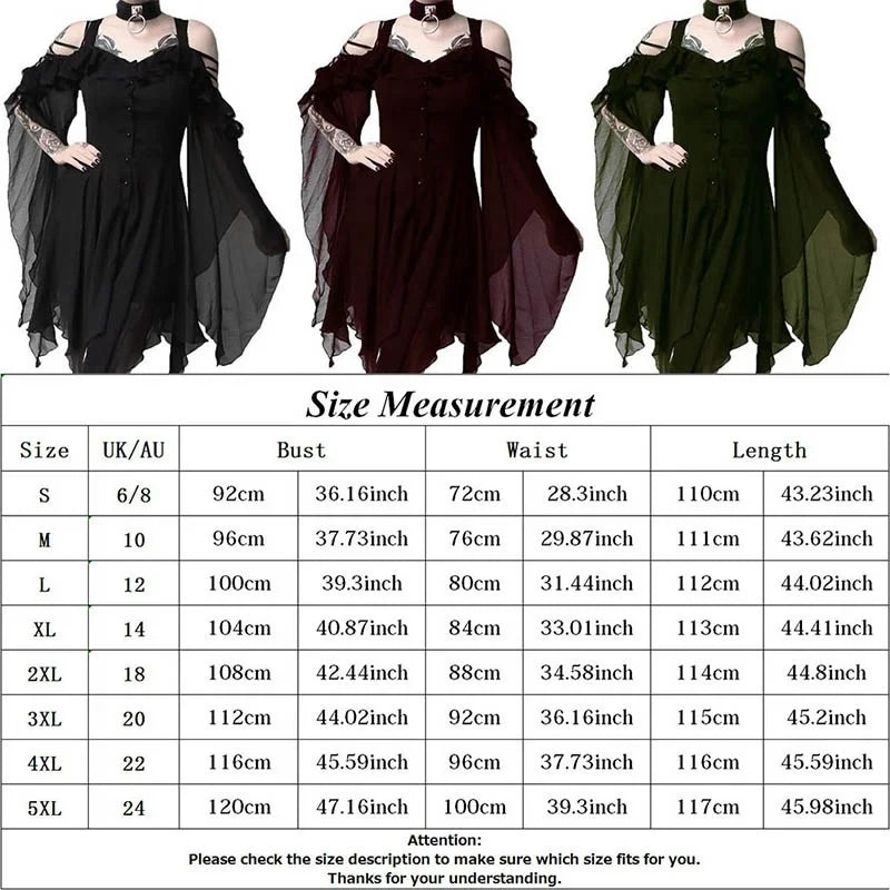 Gothic Medieval Blue Flared Sleeve Dress Wiccan Witch Costume