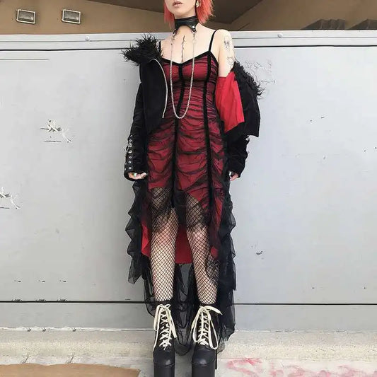 Alternative Gothic Red Black Ruffle Occasion Dress