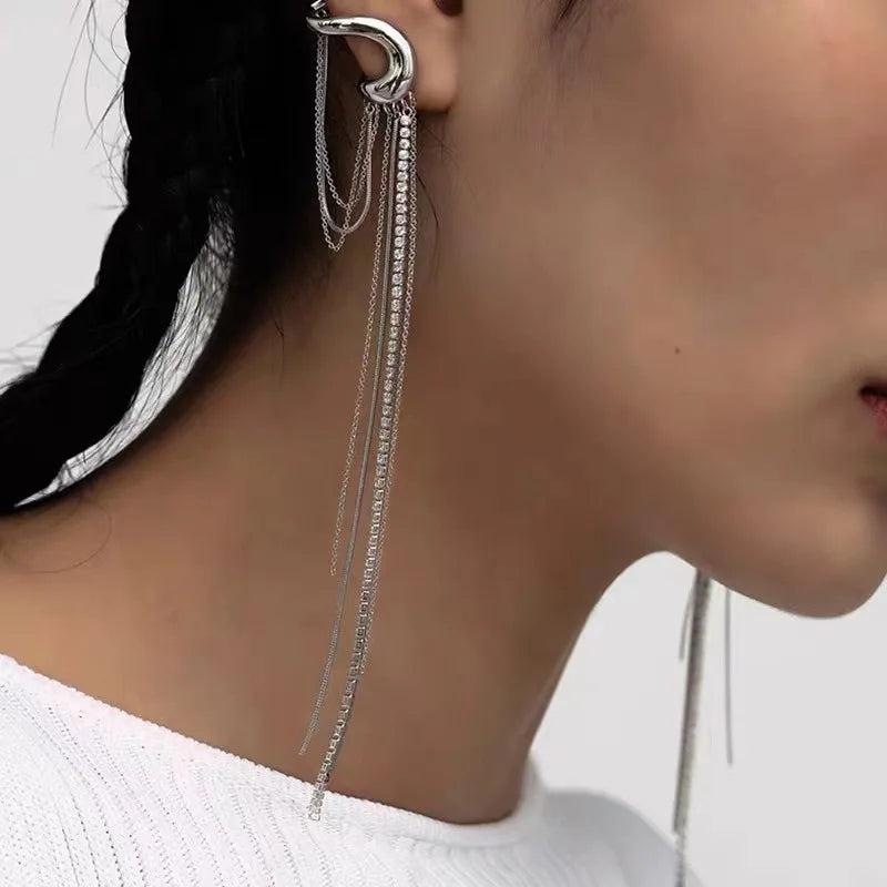 Silver Metal Punk Long Tassel Rhinestone Drop Chain Dangle Earrings Jewelry