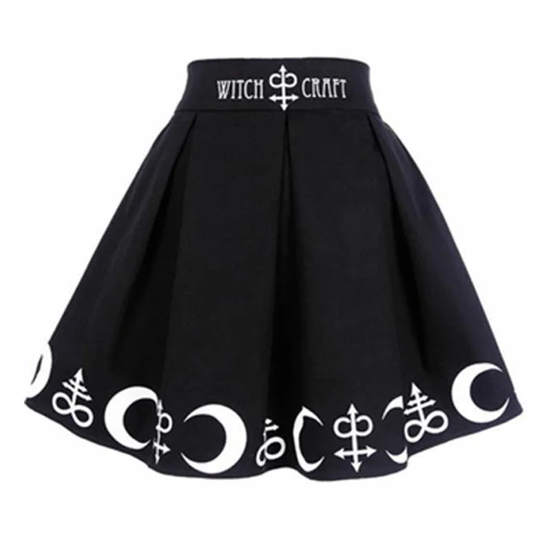 Punk Rock Gothic Black Witch Moon Print Skater Skirt