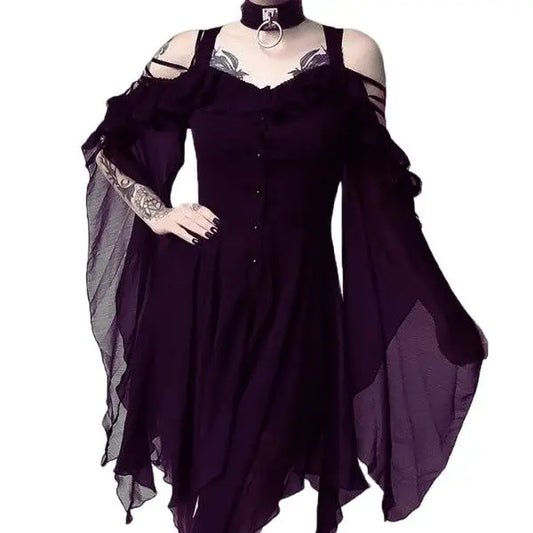 Gothic Medieval Purple Flared Sleeve Dress Wiccan Witch Costume